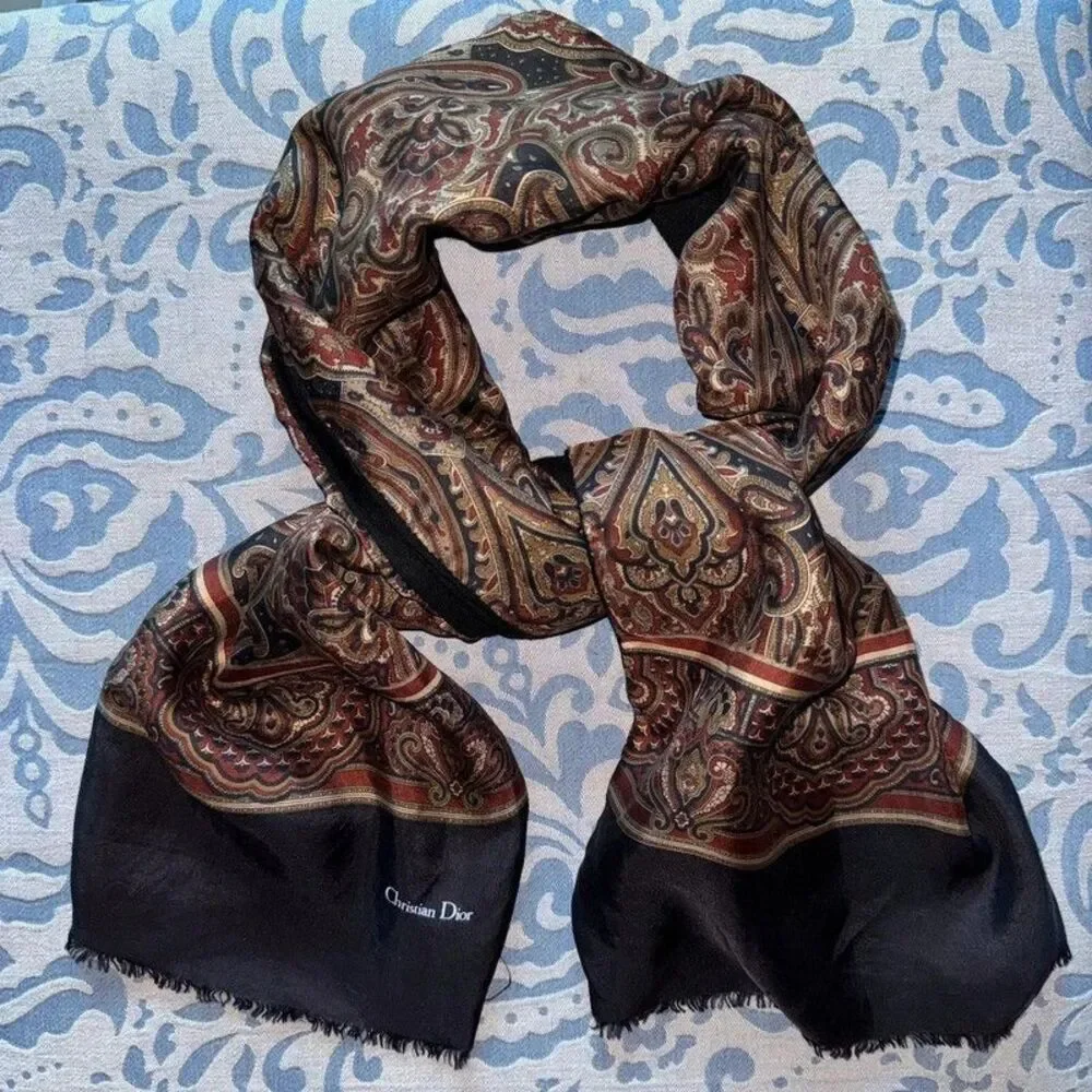 Vintage Christian Dior Monsieur Silk Wool Reversible Paisley Scarf Made in Italy